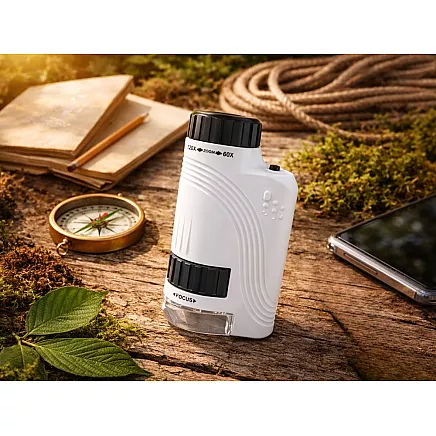 Compact optical microscope with 120x zoom, led lighting and uv function – educational model