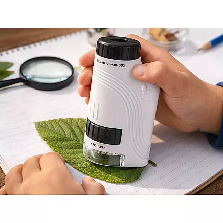 Compact optical microscope with 120x zoom, led lighting and uv function – educational model