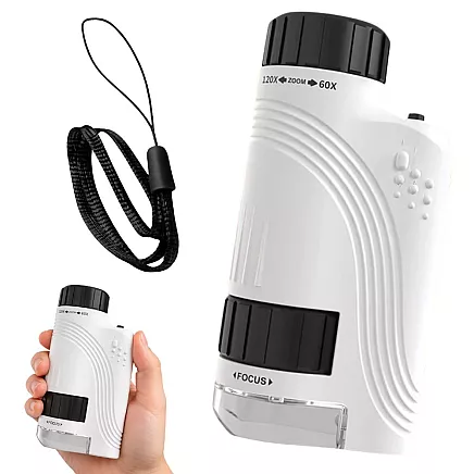 Compact optical microscope with 120x zoom, led lighting and uv function – educational model