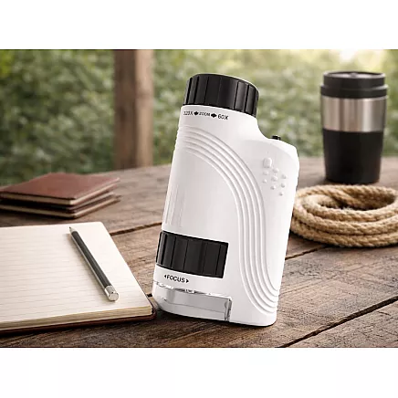 Compact optical microscope with 120x zoom, led lighting and uv function – educational model