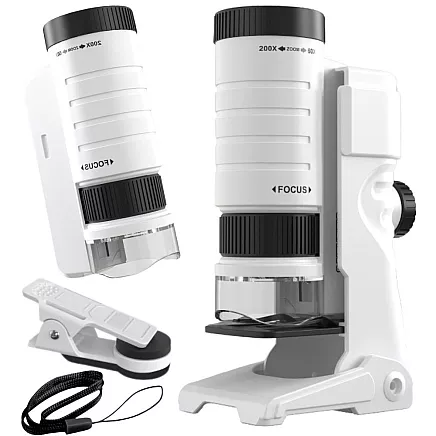 Компактный микроскоп-лупа с клипсом для мобильного телефона, 200-кратный увеличение, светодиодная подсветка, уф-функция
