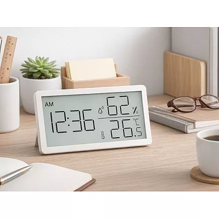 Digital thermometer and hygrometer with clock – temperature and humidity measurement for home and garden