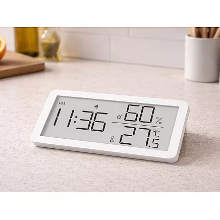 Digital thermometer and hygrometer with clock – temperature and humidity measurement for home and garden