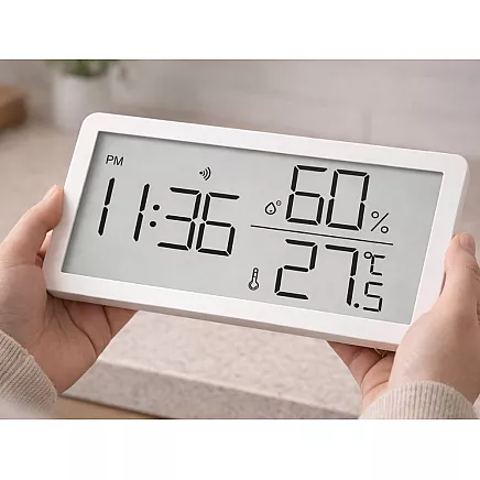 Digital thermometer and hygrometer with clock – temperature and humidity measurement for home and garden