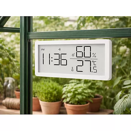 Digital thermometer and hygrometer with clock – temperature and humidity measurement for home and garden