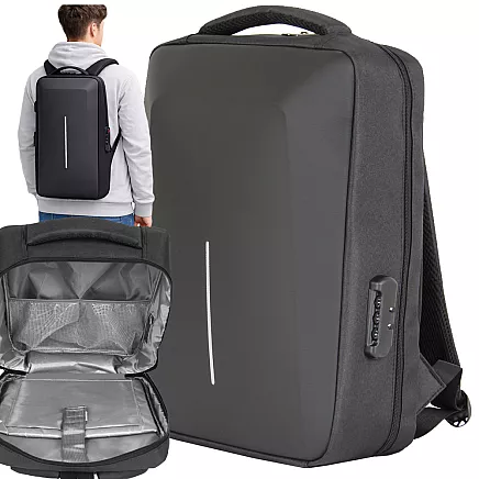 LARGE, STURDY, ANTI-THEFT BUSINESS BACKPACK WITH COMPUTER COMPARTMENT AND COMBINATION LOCK
