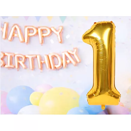 Golden number 1 foil balloon, 66cm – birthday party decoration