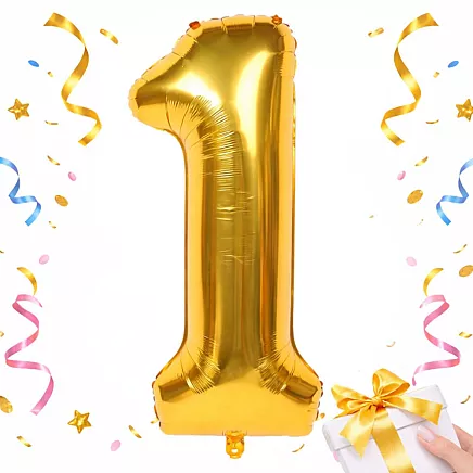 Golden number 1 foil balloon, 66cm – birthday party decoration