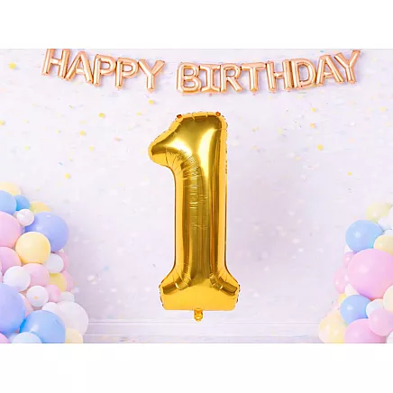 Golden number 1 foil balloon, 66cm – birthday party decoration