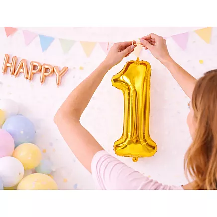 Golden number 1 foil balloon, 66cm – birthday party decoration