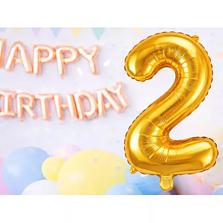 Golden number 2 foil balloon, 66cm – birthday party decoration