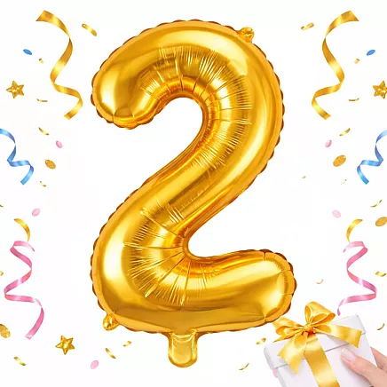 Golden number 2 foil balloon, 66cm – birthday party decoration