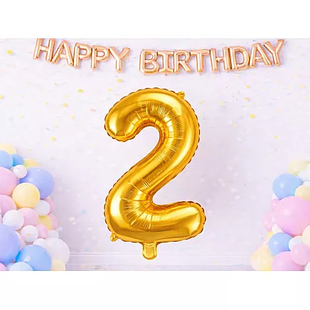 Golden number 2 foil balloon, 66cm – birthday party decoration