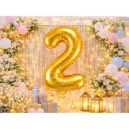 Golden number 2 foil balloon, 66cm – birthday party decoration
