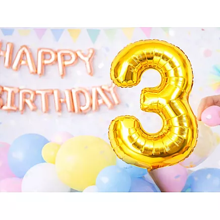 Golden number 3 foil balloon, 66cm – birthday party decoration