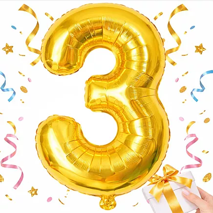 Golden number 3 foil balloon, 66cm – birthday party decoration