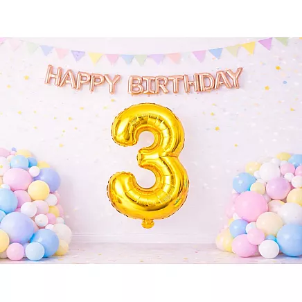 Golden number 3 foil balloon, 66cm – birthday party decoration