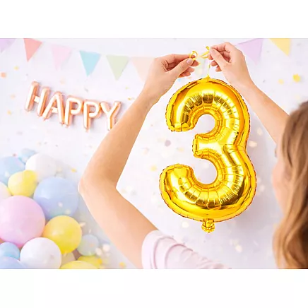 Golden number 3 foil balloon, 66cm – birthday party decoration