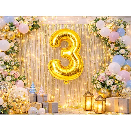 Golden number 3 foil balloon, 66cm – birthday party decoration