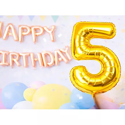 Golden number 5 foil balloon, 66cm – birthday party decoration