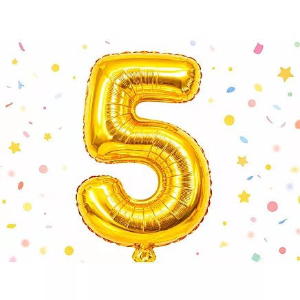 Golden number 5 foil balloon, 66cm – birthday party decoration