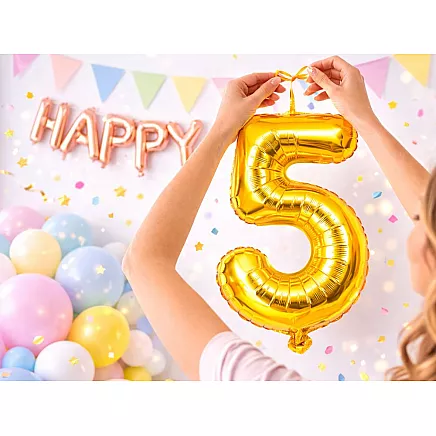 Golden number 5 foil balloon, 66cm – birthday party decoration