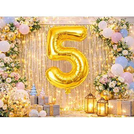 Golden number 5 foil balloon, 66cm – birthday party decoration