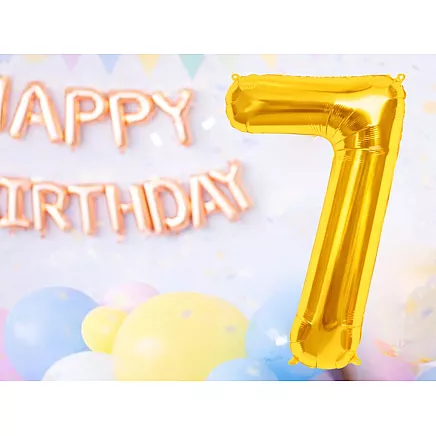 Golden number 7 foil balloon, 66cm – birthday party decoration