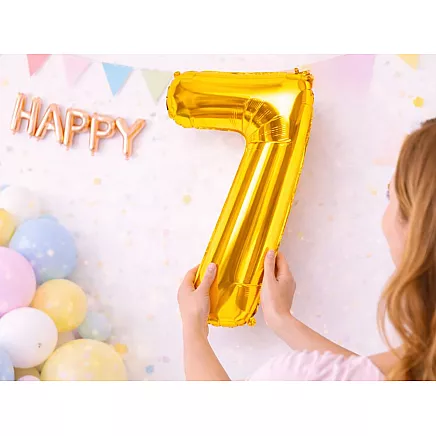 Golden number 7 foil balloon, 66cm – birthday party decoration