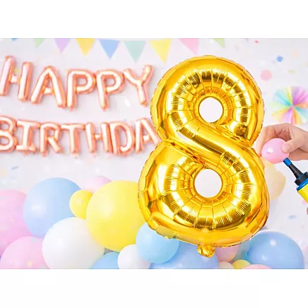 Golden number 8 foil balloon, 66cm – birthday party decoration