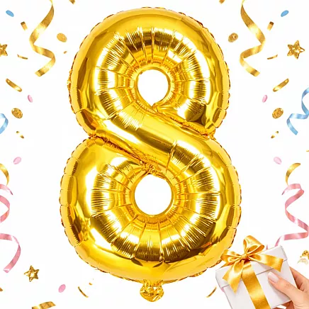 Golden number 8 foil balloon, 66cm – birthday party decoration