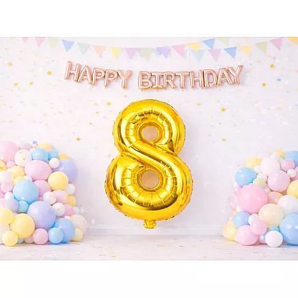 Golden number 8 foil balloon, 66cm – birthday party decoration