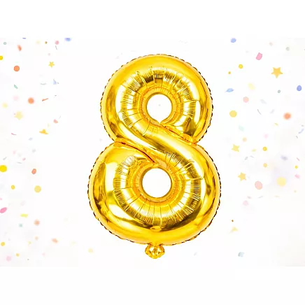 Golden number 8 foil balloon, 66cm – birthday party decoration