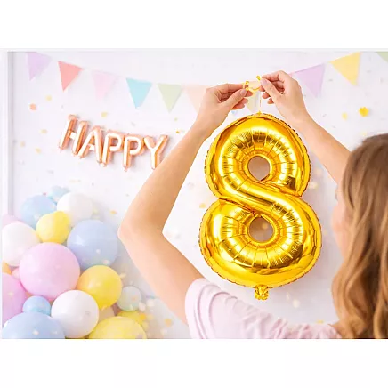 Golden number 8 foil balloon, 66cm – birthday party decoration