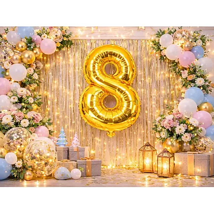Golden number 8 foil balloon, 66cm – birthday party decoration