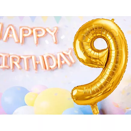Golden number 9 foil balloon, 66cm – birthday party decoration