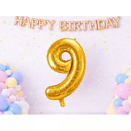 Golden number 9 foil balloon, 66cm – birthday party decoration