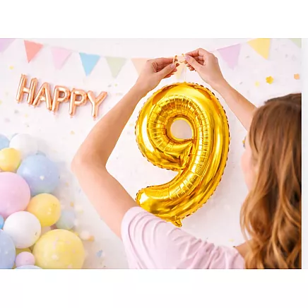 Golden number 9 foil balloon, 66cm – birthday party decoration