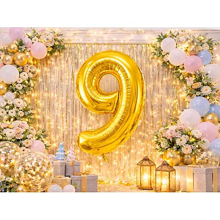 Golden number 9 foil balloon, 66cm – birthday party decoration