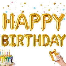 Happy birthday foil balloons, golden garland, birthday lettering, decoration