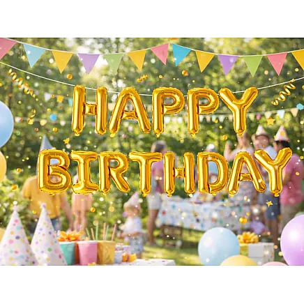 Фольгированные шарики «с днем рождения», гирлянда, золотой надпись «день рождения», декорация