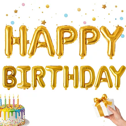 Фольгированные шарики «с днем рождения», гирлянда, золотой надпись «день рождения», декорация