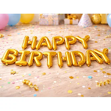 Фольгированные шарики «с днем рождения», гирлянда, золотой надпись «день рождения», декорация