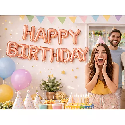 Фольгированные шарики «с днем рождения», розовая гирлянда с надписью «день рождения», декорация