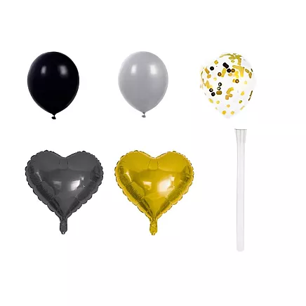 Black and gold heart-shaped confetti balloon set – birthday party decoration