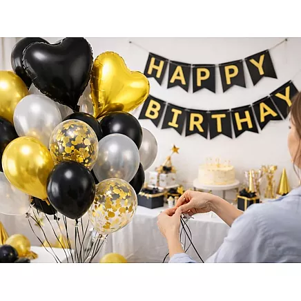 Black and gold heart-shaped confetti balloon set – birthday party decoration