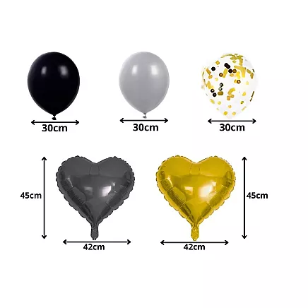 Black and gold heart-shaped confetti balloon set – birthday party decoration