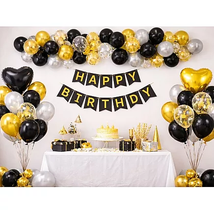 Black and gold heart-shaped confetti balloon set – birthday party decoration
