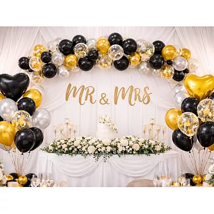 Black and gold heart-shaped confetti balloon set – birthday party decoration