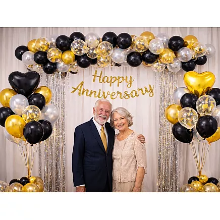Black and gold heart-shaped confetti balloon set – birthday party decoration